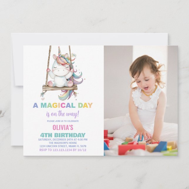 First Birthday Unicorn Birthday Invitations photo (Front)