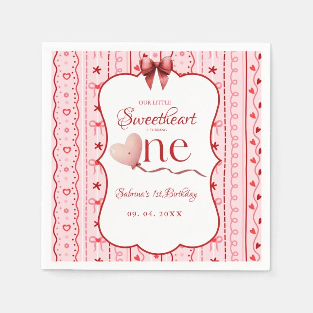 First Birthday valentine baby birthday party Napkins (Front)