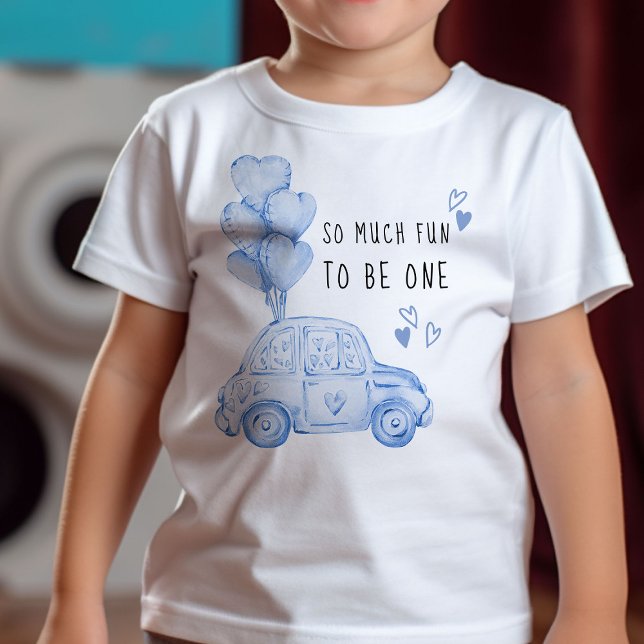 First Birthday Valentine Blue Balloons and Car Baby T-Shirt (Boys First Birthday T-shirt - from my Car and Balloons Valentine Birthday Collection)