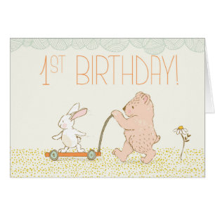 First Birthday Walking Bear and Rabbit Cards