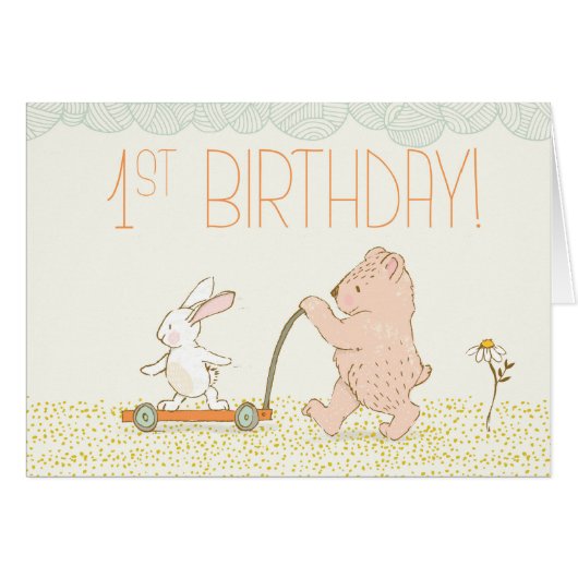 First Birthday Walking Bear and Rabbit Cards (Front Horizontal)