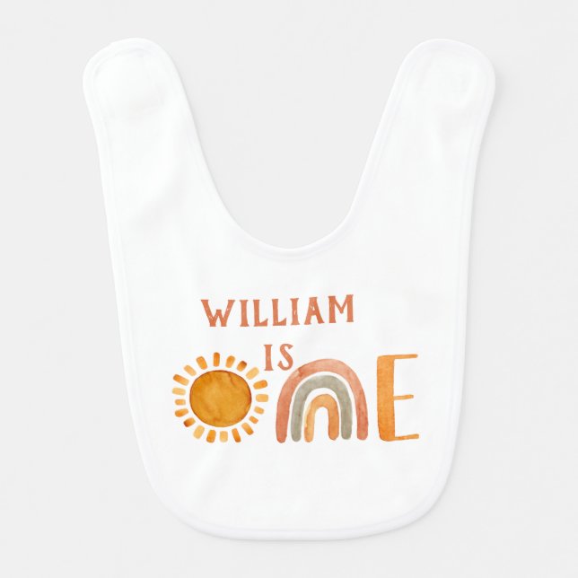 First Birthday Watercolor Boho Rainbow and Sun   Baby Bib (Front)
