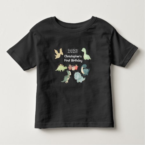 First Birthday Watercolor Cute Dinosaur Black Toddler T_shirt