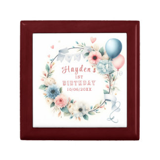 First Birthday - Watercolor Flowers and balloons Gift Box