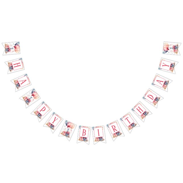 First Birthday - Watercolor gifts and balloons - Bunting Flags (All)