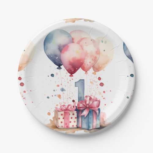  First Birthday _ Watercolor gifts and balloons _ Paper Plates