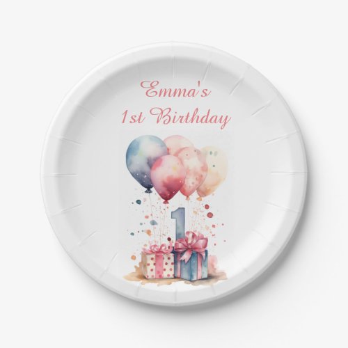  First Birthday _ Watercolor gifts and balloons _ Paper Plates
