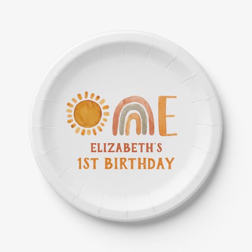 First Birthday Watercolor Rainbow and Sun  Paper Plates