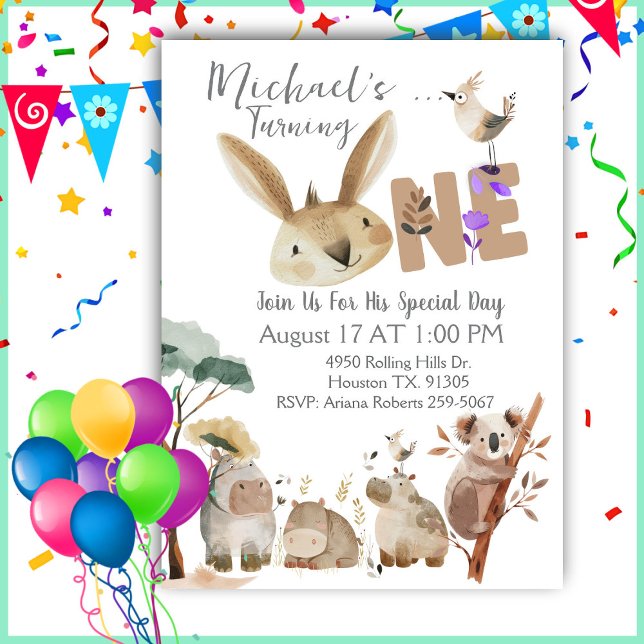 First Birthday Watercolor Safari Animals Invitation (Creator Uploaded)