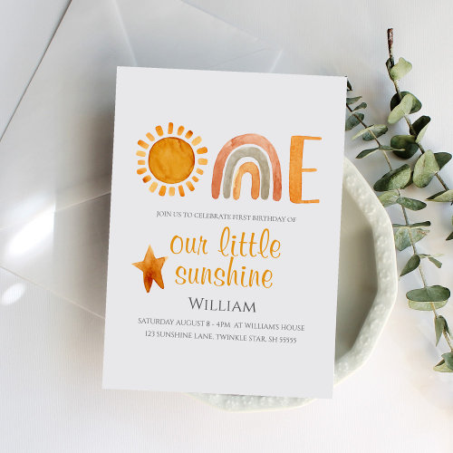 First Birthday Watercolor Sun and Rainbow Boho 