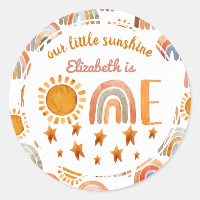 First Birthday Watercolor Sunshine and Rainbow   Classic Round Sticker (Front)