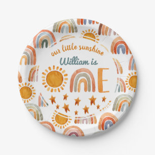 First Birthday Watercolor Sunshine and Rainbow Paper Plates