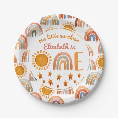 First Birthday Watercolor Sunshine and Rainbow  Paper Plates
