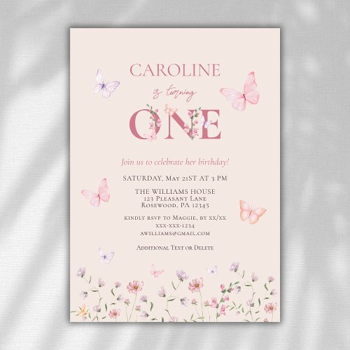 First Birthday Watercolor Wildflower Butterfly  Invitation