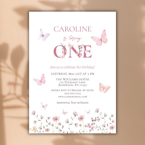 First Birthday Watercolor Wildflower Butterfly Invitation