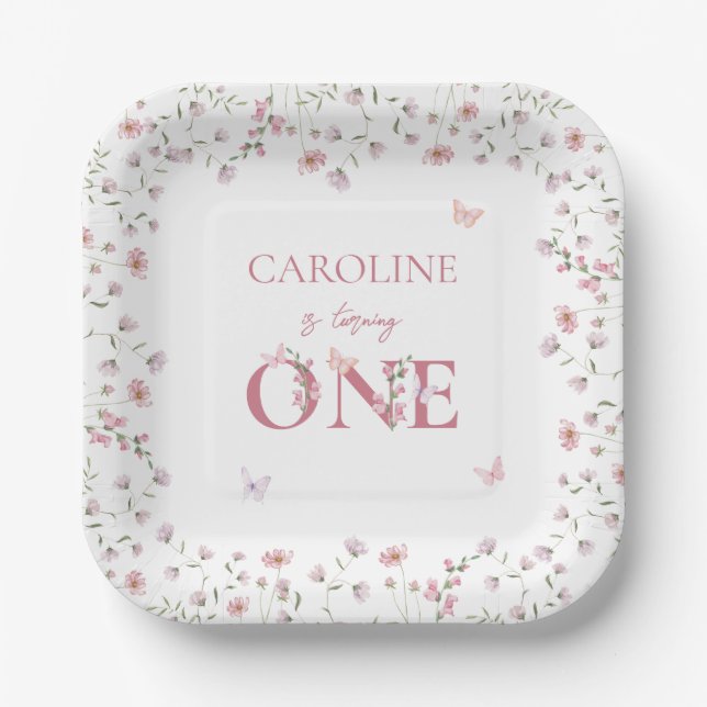 First Birthday Watercolor Wildflower Butterfly Paper Plates (Front)