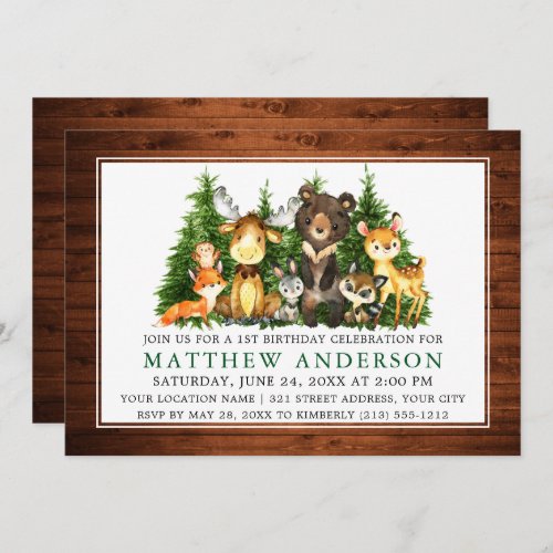 First Birthday Watercolor Woodland Animals Wood Invitation