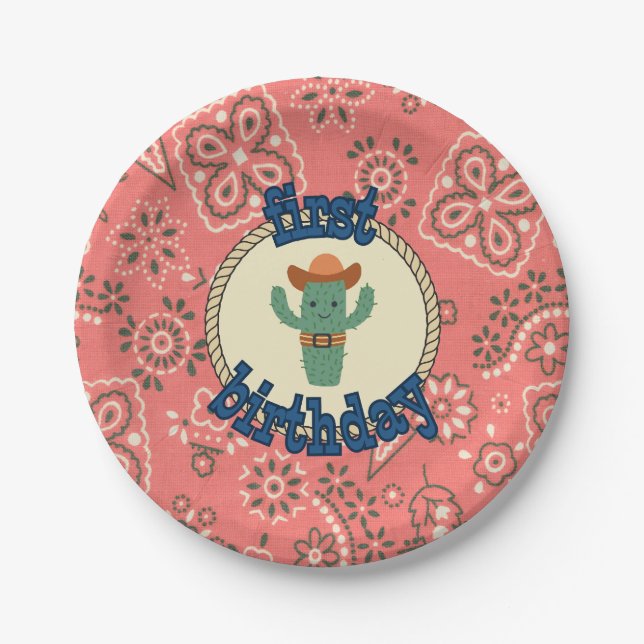 First Birthday Western Bandana Cactus Paper Plates (Front)