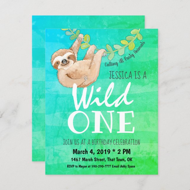First Birthday Wild One Jungle Sloth Party Invitation (Front/Back)