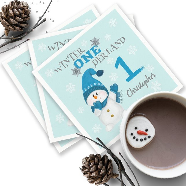 First Birthday Winter Snowflakes Cute Snowman Napkins (Creator Uploaded)