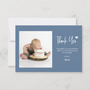 First Birthday with Custom Photo Modern blue Mini  Thank You Card
