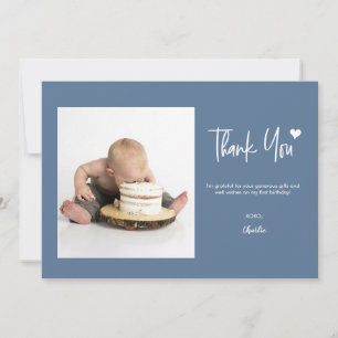 First Birthday with Custom Photo Modern blue Thank You Card