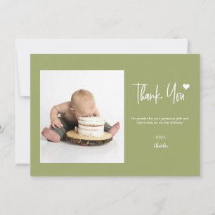 First Birthday with Custom Photo Modern green Thank You Card