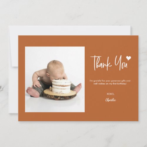 First Birthday with Custom Photo Modern Terracotta Thank You Card
