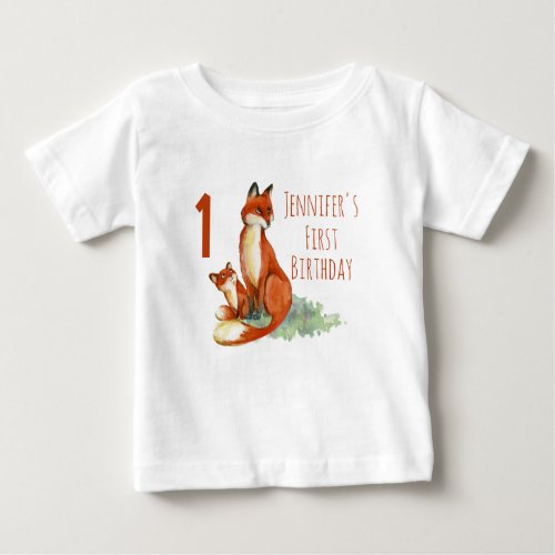 First Birthday with Foxes Watercolor Drawing Baby T_Shirt