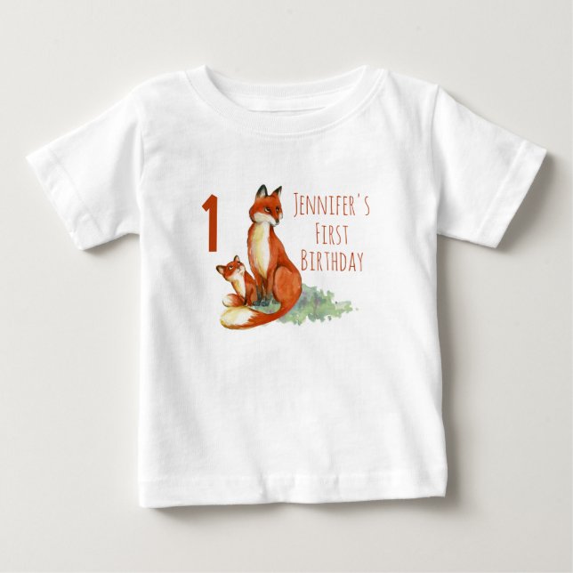 First Birthday with Foxes Watercolor Drawing Baby T-Shirt (Front)