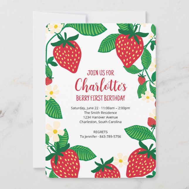 First Birthday with Whimsical Strawberries Invitation (Front)