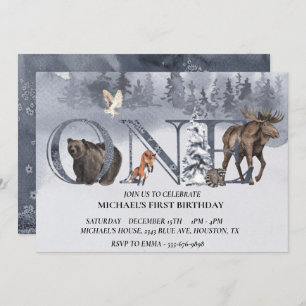 First Birthday Woodland Bear Winter Watercolor Invitation
