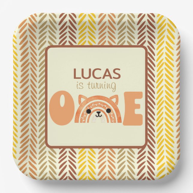 First Birthday Woodland Fox Boho Rainbow Paper Plates (Front)