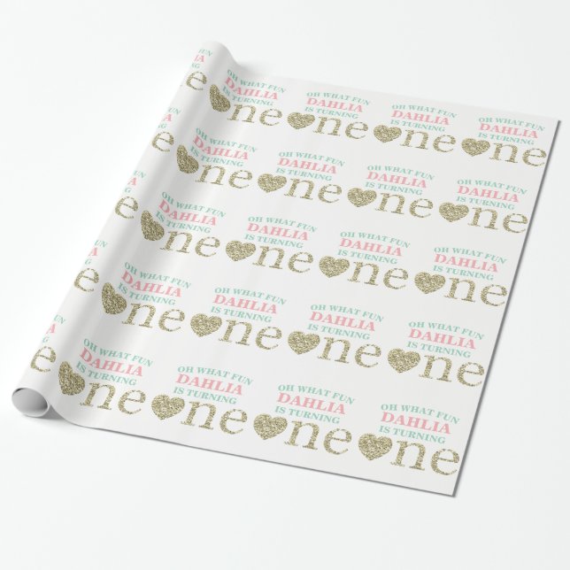 First Birthday Wrapping Paper Pink Mint Gold (Unrolled)