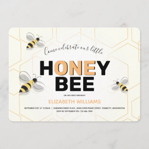 First Birthday Yellow Black Orange Bee Cartoon Invitation