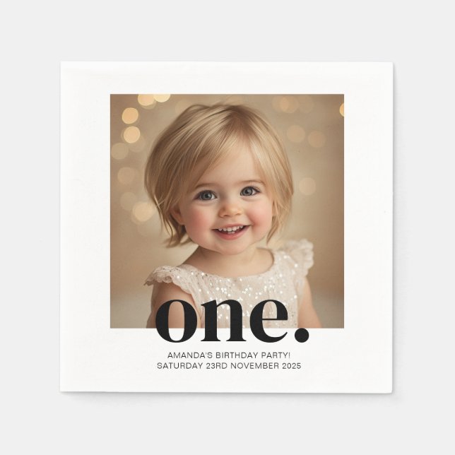 First Bithday Photo Acrylic Sign in Black & White Napkins (Front)