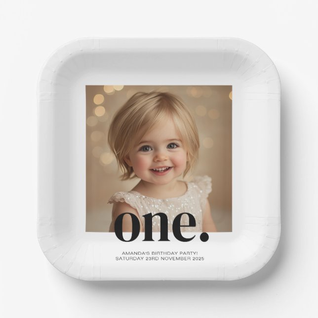 First Bithday Photo Acrylic Sign in Black & White Paper Plates (Front)