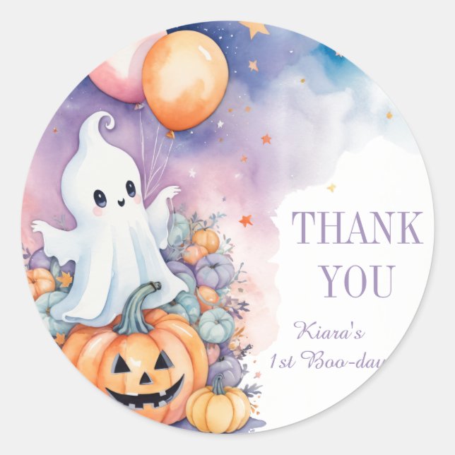 First Boo-Day Celebration Ghost  Pumpkin thank you Classic Round Sticker (Front)