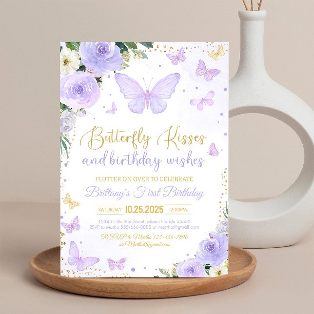 First Butterfly Kisses Purple Butterfly Birthday Invitation (Creator Uploaded)