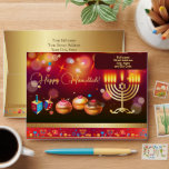 First Candle of Hanukkah Festival of Lights Party Envelope<br><div class="desc">First Candle of Hanukkah. Happy Hanukkah Festival of lights party invitation beauty Jewish holiday card. Beautiful Jewish Holiday Chanukkah background with traditional Chanuka decorative symbols - wooden dreidels (spinning top), donuts, hanukkiah menorah, candles, star of David and glowing lights wallpaper gold pattern. Hanukkah festival of lights event decoration. Jerusalem, Israel....</div>