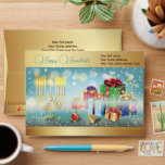 First Candle of Hanukkah Festival of lights party  Envelope<br><div class="desc">First Candle of Hanukkah. Happy Hanukkah Festival of lights party invitation beauty Jewish holiday card. Beautiful Jewish Holiday Chanukkah background with traditional Chanuka decorative symbols - wooden dreidels (spinning top), sweet donuts, hanukkiah menorah, candles, star of David and glowing lights wallpaper gold pattern. Hanukkah festival of lights event decoration. Jerusalem,...</div>