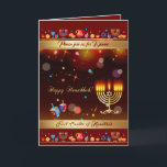 First Candle of Hanukkah Festival of lights Party Invitation<br><div class="desc">First Candle of Hanukkah. Happy Hanukkah Festival of lights Party Invitation Beautiful Jewish Holiday Card. Jewish Holiday Chanukkah background with traditional Chanuka decorative symbols - wooden dreidels (spinning top), donuts, hanukkiah menorah, candles, star of David and glowing lights wallpaper gold pattern. Hanukkah Festival of lights Event Decoration. Jerusalem, Israel. Invitations...</div>