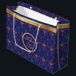 First Candle of Hanukkah Festival of Lights Party  Large Gift Bag<br><div class="desc">First Candle of Hanukkah. Happy Hanukkah Festival of lights party Gift Bag beauty Jewish holiday card. Beautiful Jewish Holiday Chanukah background with traditional Chanukah decorative symbols - wooden dreidels (spinning top), donuts, hanukkiah menorah, candles, star of David and glowing lights wallpaper gold hanukkiah navy blue pattern pattern. Hanukkah festival of...</div>
