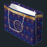 First Candle of Hanukkah Festival of Lights Party  Large Gift Bag<br><div class="desc">First Candle of Hanukkah. Happy Hanukkah Festival of lights party Gift Bag beauty Jewish holiday card. Beautiful Jewish Holiday Chanukah background with traditional Chanukah decorative symbols - wooden dreidels (spinning top), donuts, hanukkiah menorah, candles, star of David and glowing lights wallpaper gold hanukkiah navy blue pattern pattern. Hanukkah festival of...</div>