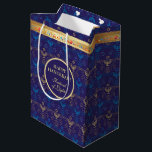 First Candle of Hanukkah Festival of Lights Party Medium Gift Bag<br><div class="desc">First Candle of Hanukkah. Happy Hanukkah Festival of lights party Gift Bag beauty Jewish holiday card. Beautiful Jewish Holiday Chanukah background with traditional Chanukah decorative symbols - wooden dreidels (spinning top), donuts, hanukkiah menorah, candles, star of David and glowing lights wallpaper gold hanukkiah navy blue pattern pattern. Hanukkah festival of...</div>