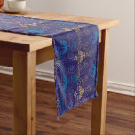 First Candle of Hanukkah Festival of Lights Party Medium Table Runner<br><div class="desc">First Candle of Hanukkah. Happy Hanukkah Festival of lights party invitation beauty Jewish holiday card. Beautiful Jewish Holiday Chanukkah background with traditional Chanukah decorative symbols - wooden dreidels (spinning top), donuts, hanukkiah menorah, candles, star of David and glowing lights wallpaper gold hanukkiah navy blue pattern pattern. Hanukkah festival of lights...</div>