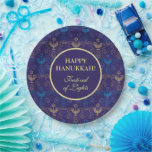 First Candle of Hanukkah Festival of Lights Party Paper Plates<br><div class="desc">First Candle of Hanukkah. Happy Hanukkah Festival of lights party invitation beauty Jewish holiday card. Beautiful Jewish Holiday Chanukkah background with traditional Chanukah decorative symbols - wooden dreidels (spinning top), donuts, hanukkiah menorah, candles, star of David and glowing lights wallpaper gold hanukkiah navy blue pattern pattern. Hanukkah festival of lights...</div>