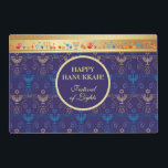 First Candle of Hanukkah Festival of Lights Party Placemat<br><div class="desc">First Candle of Hanukkah. Happy Hanukkah Festival of lights party invitation beauty Jewish holiday card. Beautiful Jewish Holiday Chanukkah background with traditional Chanukah decorative symbols - wooden dreidels (spinning top), donuts, hanukkiah menorah, candles, star of David and glowing lights wallpaper gold hanukkiah navy blue pattern pattern. Hanukkah festival of lights...</div>