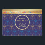First Candle of Hanukkah Festival of Lights Party Placemat<br><div class="desc">First Candle of Hanukkah. Happy Hanukkah Festival of lights party invitation beauty Jewish holiday card. Beautiful Jewish Holiday Chanukkah background with traditional Chanukah decorative symbols - wooden dreidels (spinning top), donuts, hanukkiah menorah, candles, star of David and glowing lights wallpaper gold hanukkiah navy blue pattern pattern. Hanukkah festival of lights...</div>