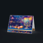 First Candle of Hanukkah Festival of Lights Party Thank You Card<br><div class="desc">First Candle of Hanukkah. Happy Hanukkah Festival of lights party invitation beauty Jewish holiday card. Beautiful Jewish Holiday Chanukkah background with traditional Chanuka decorative symbols - wooden dreidels (spinning top), donuts, hanukkiah menorah, candles, star of David and glowing lights wallpaper gold pattern. Hanukkah festival of lights event decoration. Jerusalem, Israel....</div>